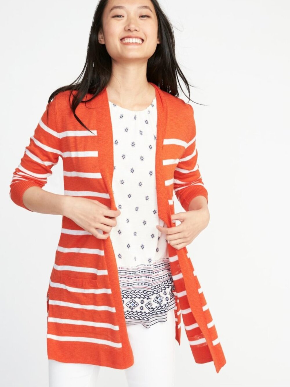 Old Navy Women's Plus Long-Line Open-Front Sweater Striped Knit Cardigan Size 3X
